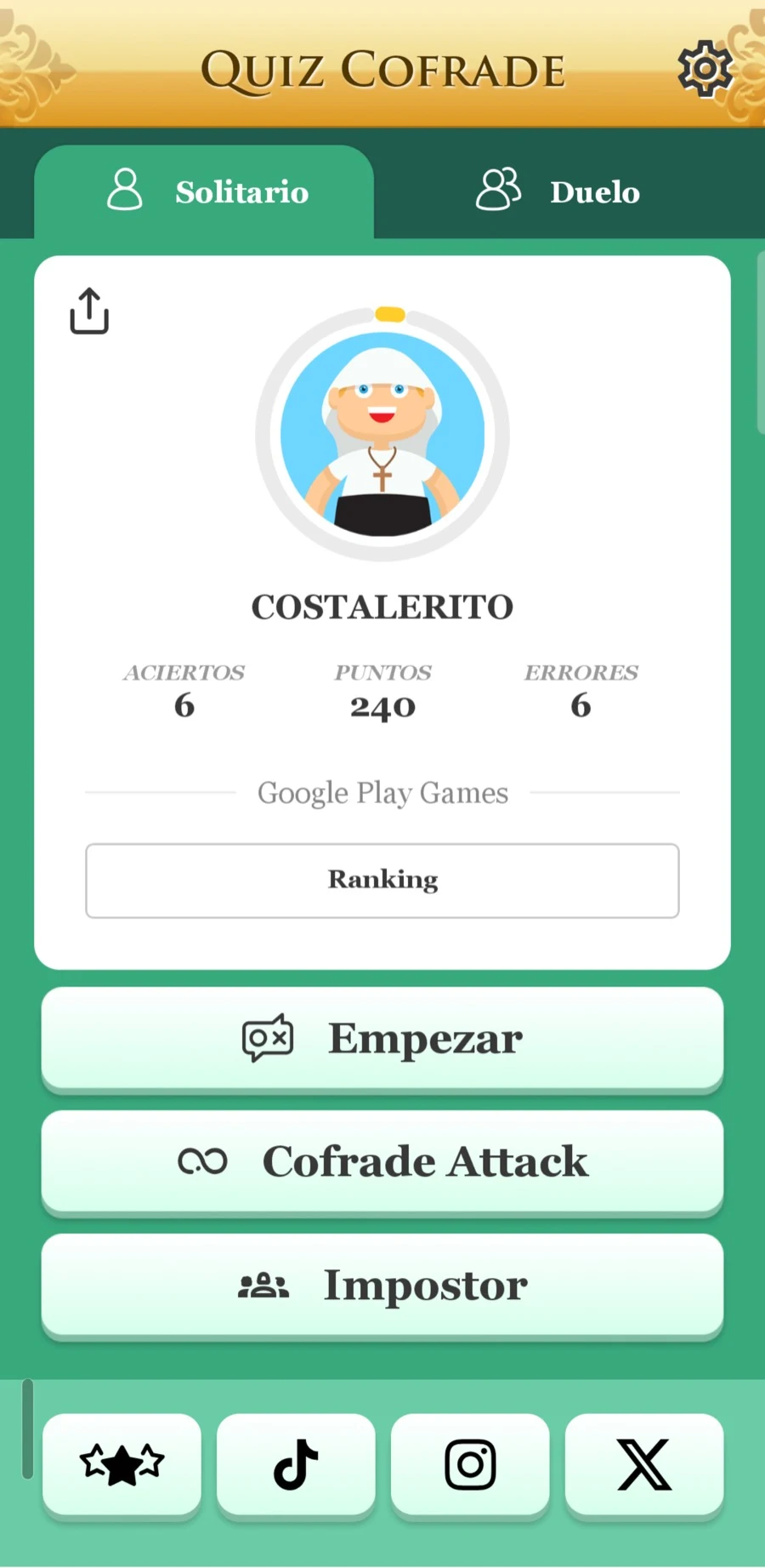 Pantalla de inicio de Quiz Cofrade Semana Santa